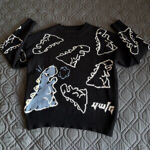 Women's Dinosaur Sweater Oversized Size M Black Y2K Preppy Streetwear